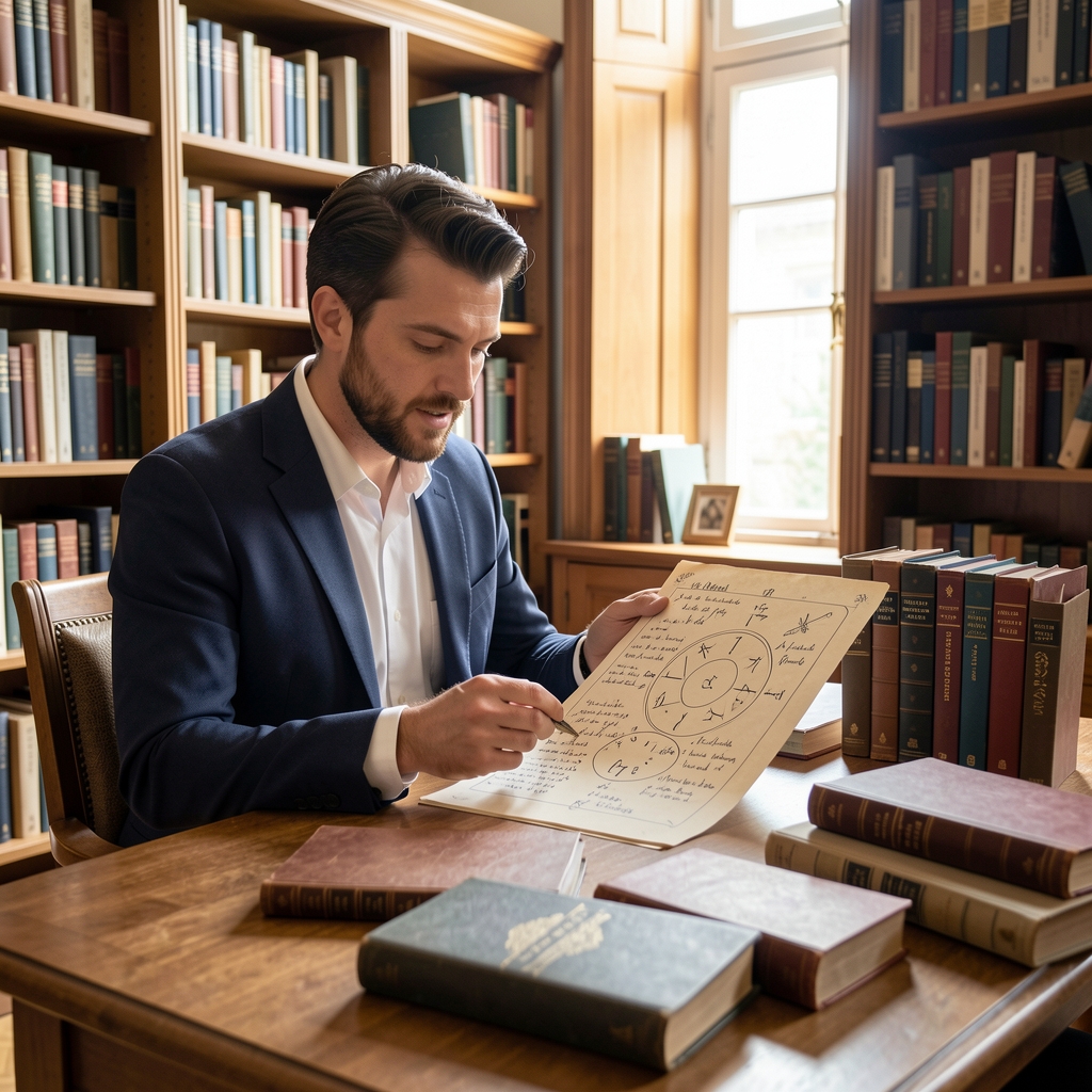 Analista revisando una carta zodiacal con notas manuscritas y libros de historia en una biblioteca luminosa