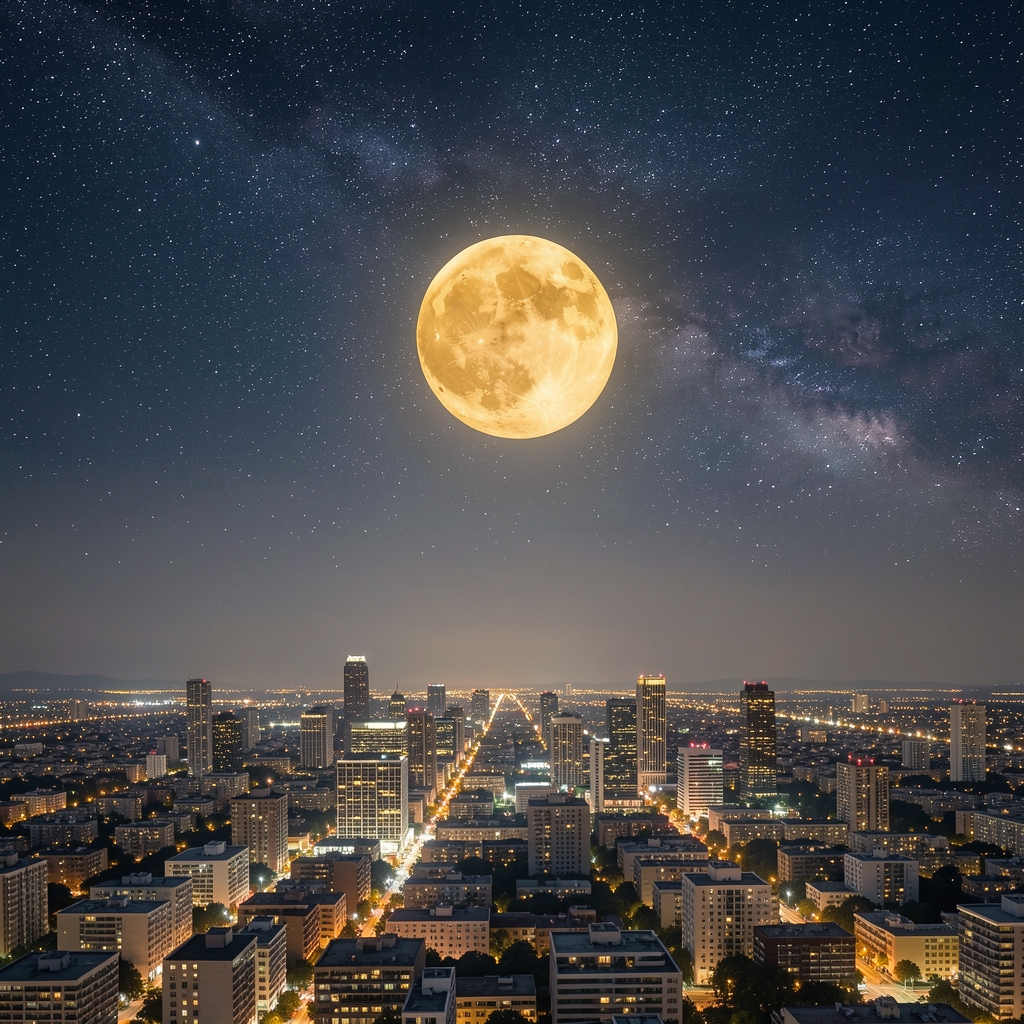 Cielo nocturno sobre la Avenida Corrientes de Buenos Aires con estrellas y una luna dorada sobre la ciudad