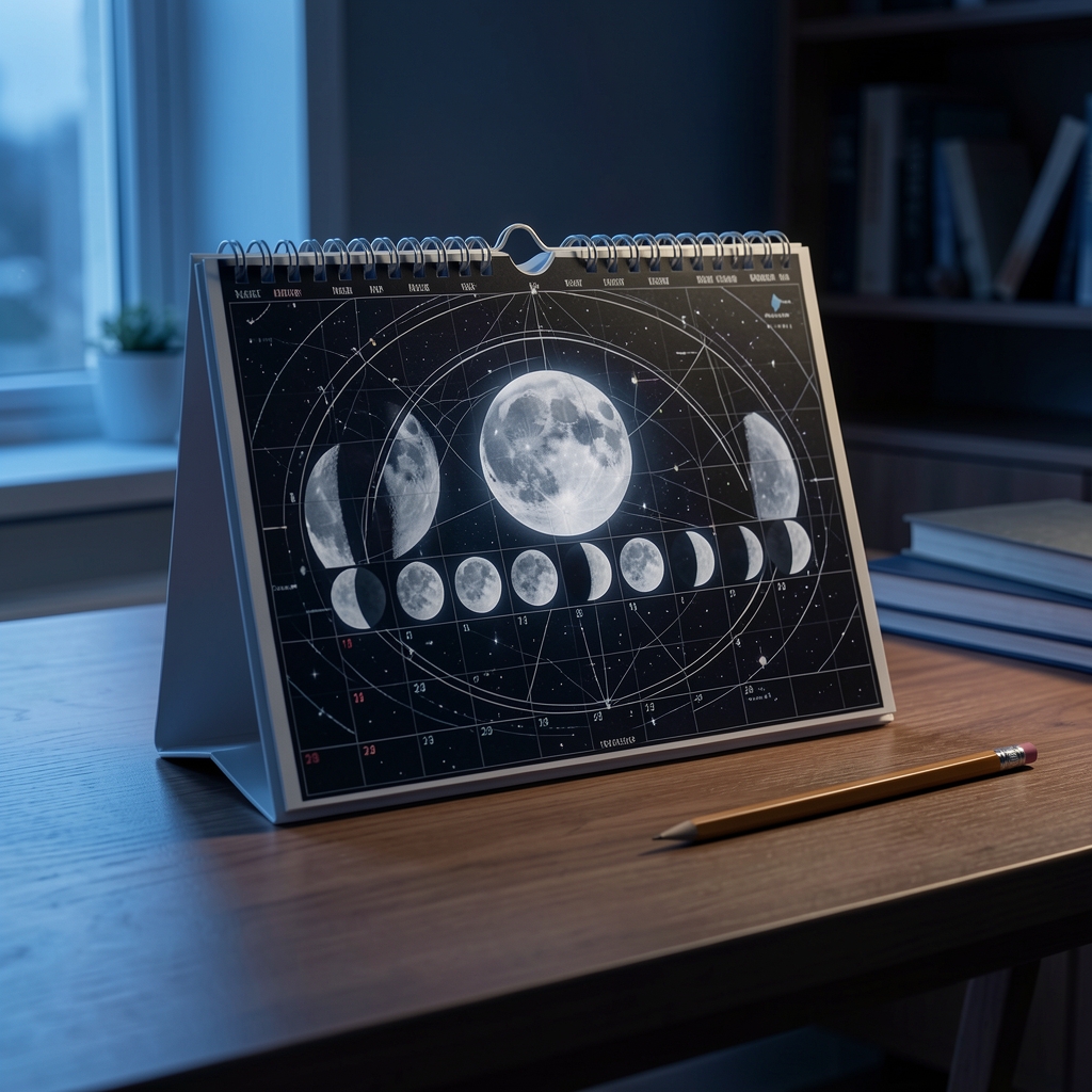 Calendario astronómico sobre un escritorio con fases lunares, lápiz y luz azul de madrugada