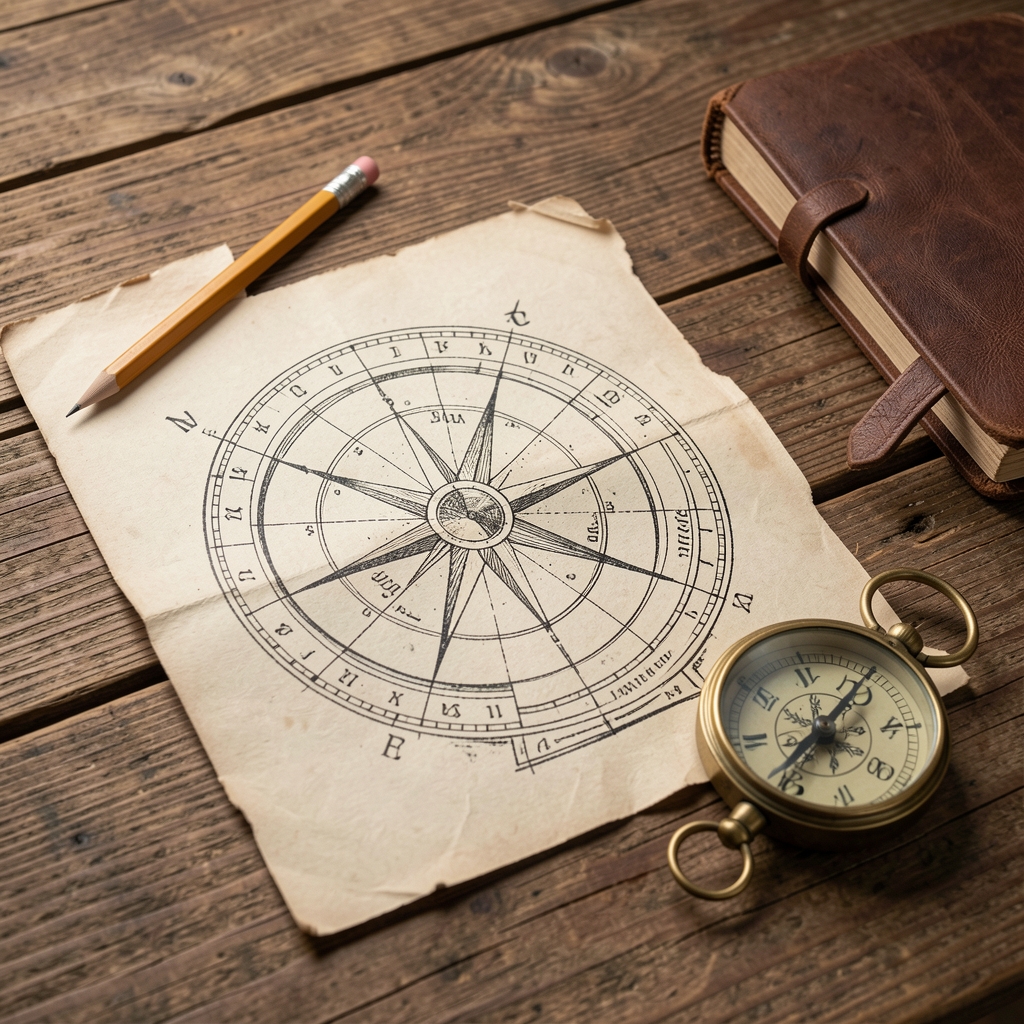 Carta astral impresa sobre una mesa de madera junto a un cuaderno, lápiz y brújula antigua