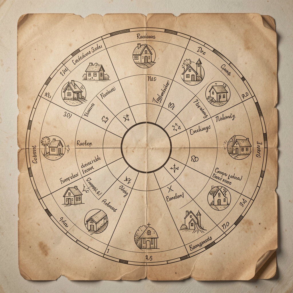 Ilustración de un mapa circular de casas astrológicas dibujado a mano sobre papel envejecido con anotaciones