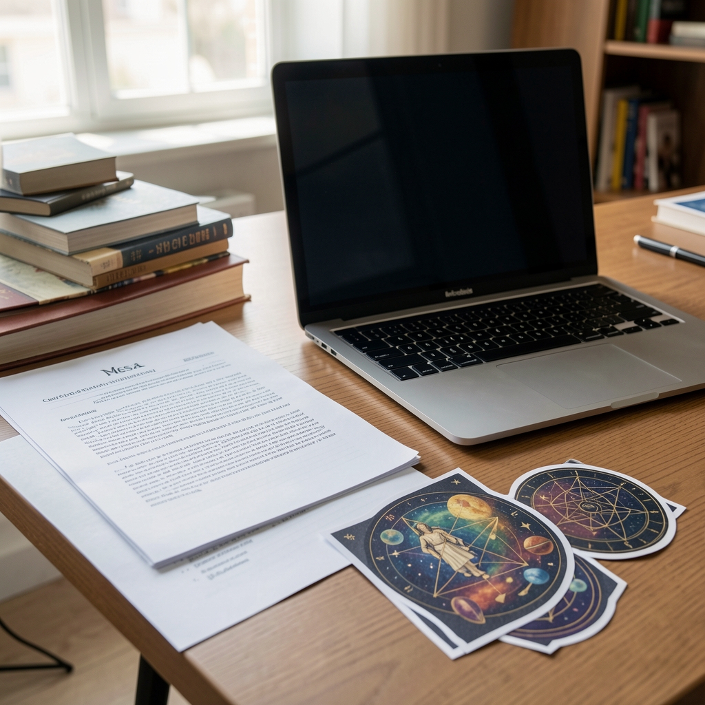 Mesa editorial con notas de verificación, computadora portátil y recortes sobre astrología cultural