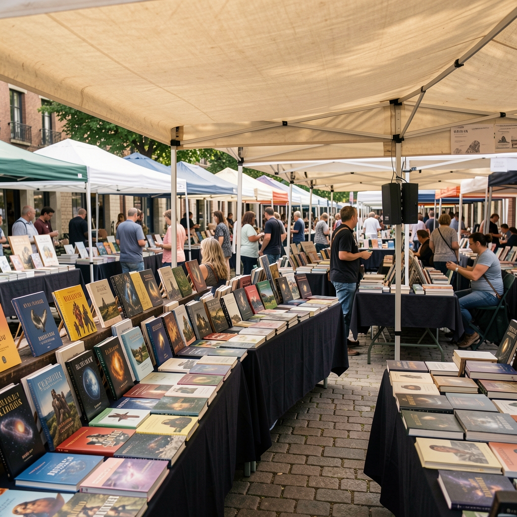 Feria de libros al aire libre en Buenos Aires con puestos de literatura cultural y astronomía bajo toldos de lona