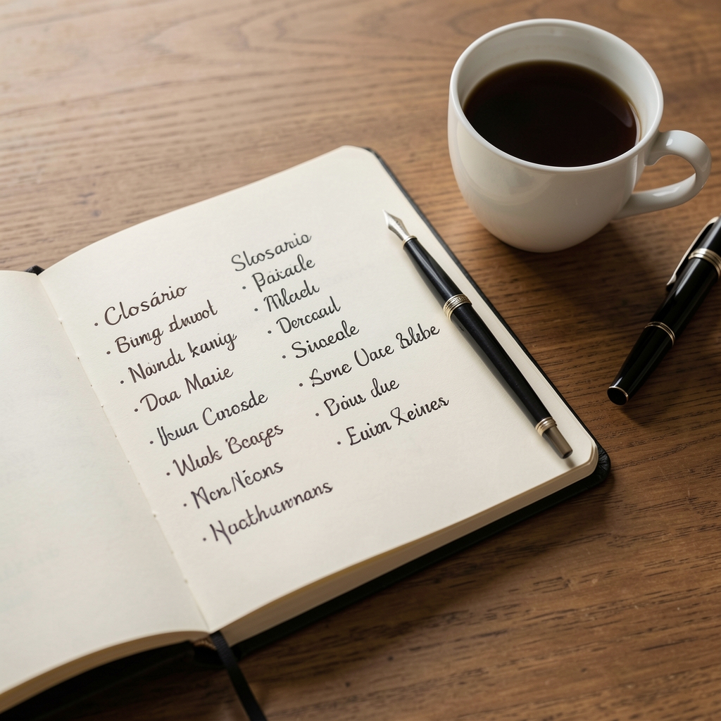 Cuaderno de glosario abierto con términos zodiacales escritos a mano junto a una pluma y una taza de café