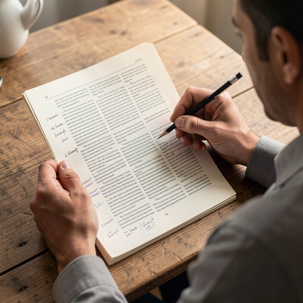 Persona leyendo un artículo impreso sobre astrología con lápiz en mano y anotaciones al margen sobre una mesa de madera