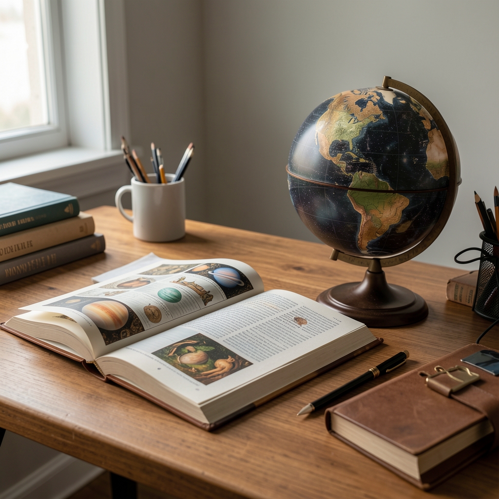 Libro abierto sobre planetas y mitología junto a una esfera celeste en una mesa de estudio