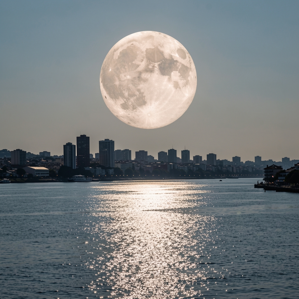 Luna llena sobre el Río de la Plata con reflejos plateados y silueta urbana de Buenos Aires