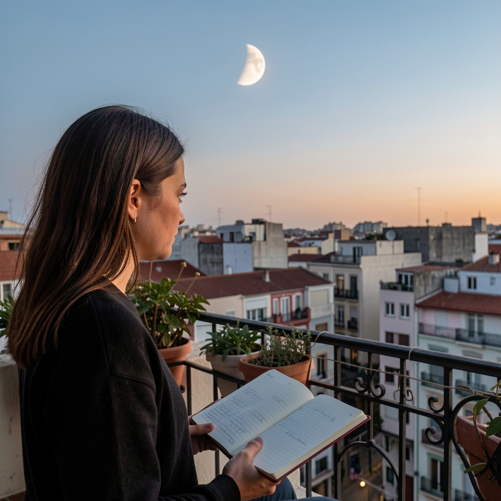 Persona observando la luna creciente desde una terraza porteña con un cuaderno de notas abierto