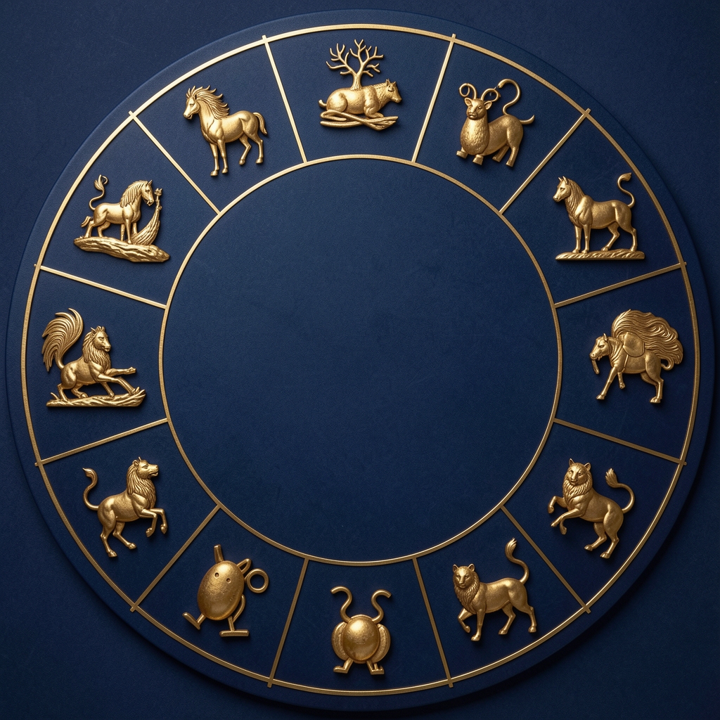 Ilustración editorial de los doce signos zodiacales alrededor de un círculo azul profundo con detalles dorados